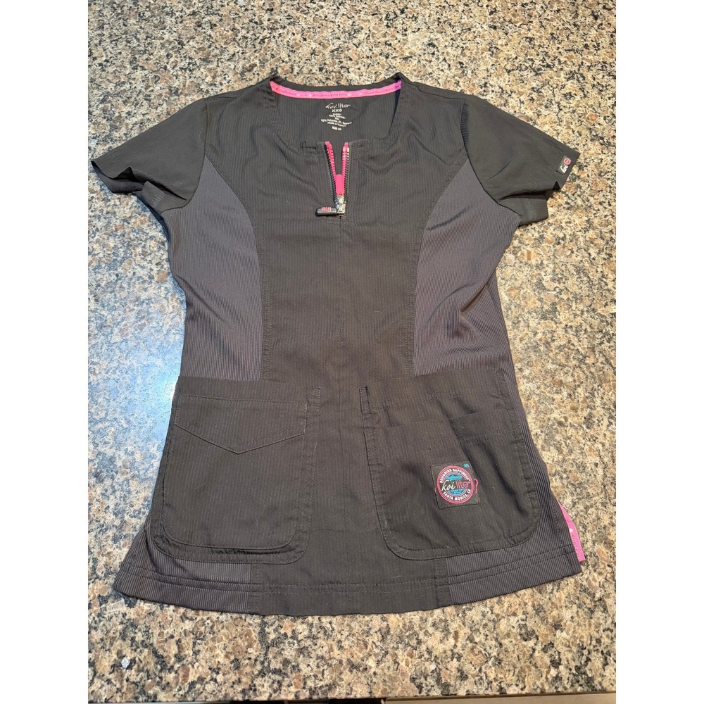 Koi Lite Serenity Scrub Top‎ XXS Charcoal Grey Pink Zip Front Slim Fit 317